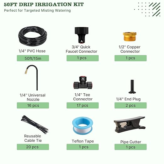 A ANLEOLIFE 50FT Drip Irrigation Kit for Patio Potted Plants 360° Bendable Copper Nozzles Quick-Connect 1/4 Tubing for Container Gardens Micro Drip with Adjustable Water Flow (Timer Not Included)