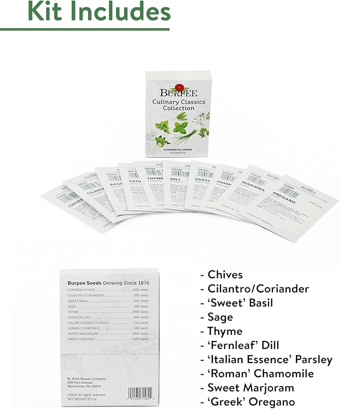 Burpee Culinary Classics Garden Collection 10 Packets of Non-GMO Chives Cilantro Basil Sage Thyme Dill Parsley Chamomile Marjoram &amp Oregano | Kitchen Herb Variety Pack Seeds for Planting
