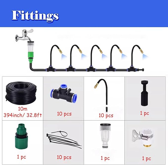 Site Fence Sprinkler System for Cooling/Dust Removal Greenhouse/Garden Irrigation Kit Versatile Outdoor Misting Cooling System with Nozzles &amp Hose(394inch/10m/32.8ft)