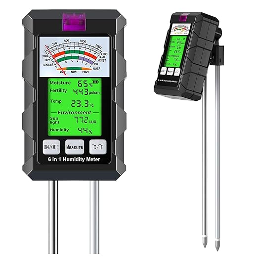 6-in-1 Soil Moisture Meter Hygrometer for Plants with Soil Moisture PH Meter Temperature Sunlight Fertility Environmental for Farming Gardening (2*AAA Battery Needed)