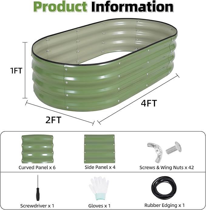 G GOOD GAIN Galvanized Metal Raised Garden Bed Kit - 4x2x1FT Outdoor Planter Box with Safety Edging and Gloves for Vegetables Fruits Flowers(OliveGreen 2PC)