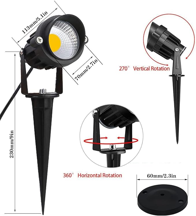 HANNAHONG 5W AC120V Landscape Up Down Spot-Light with Spiked Stand and Base COB LED for Lawn Garden DecorativeYard Step Wall Outdoor Lighting Lamp5 Ft Cable with PlugWaterproof(2PACK)