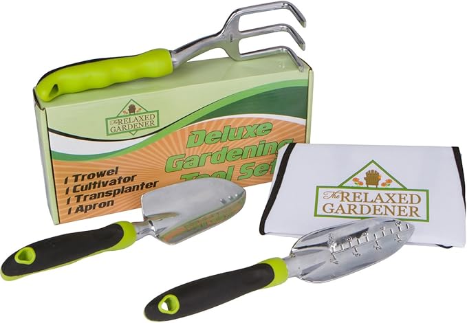Garden Tool Set - 3 Heavy Duty Gardening Hand Tools - Trowel Cultivator and Transplanter with Bonus Apron - Rust-Proof Gardening Tools Kit Gift for Men and Women