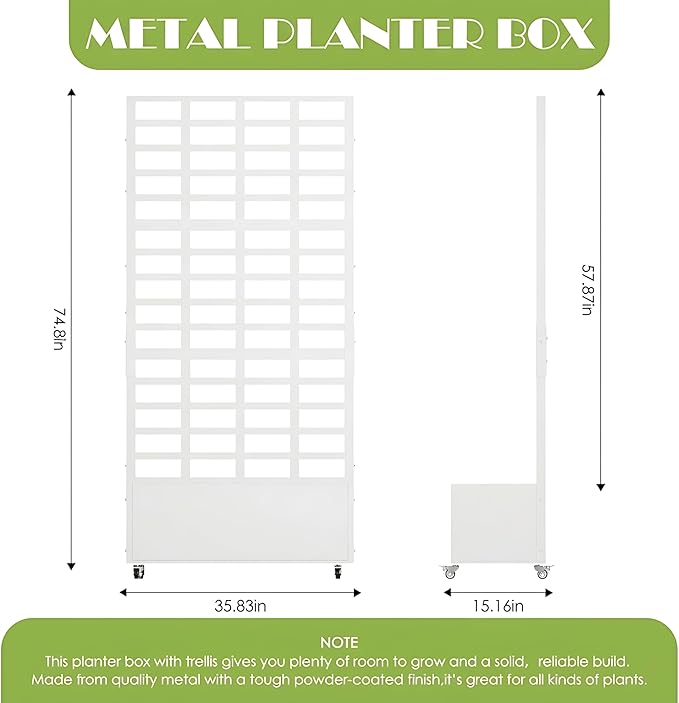 Metal Planter Box with Trellis for Climbing Plants 74.8x35.83x15.16 Raised Garden Bed with Privacy Screen Outdoor Planter with Drainage Holes White
