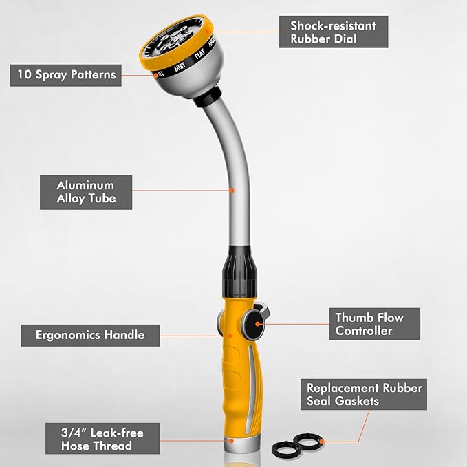 RESTMO Watering Wand Heavy Duty Metal Garden Hose Wand with 10 Spray Patterns 15-Inch Long Hose Nozzle Sprayer with Thumb Flow Control Ideal to Water Hanging Baskets and Shrubs Yellow