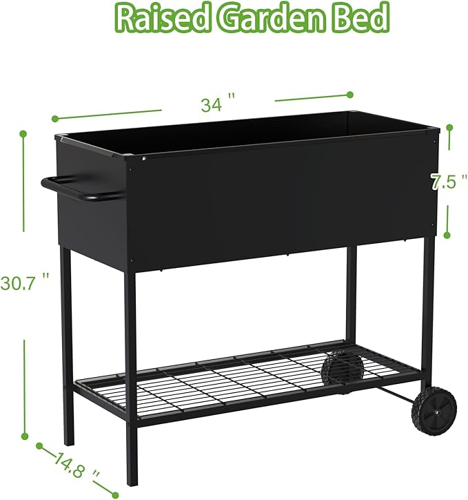 34 × 15 × 31 Inches Raised Garden Bed with Legs/Storage Shelf Mobile Planter Box for Outdoor Plants Elevated Garden Bed for Backyard Balcony Black