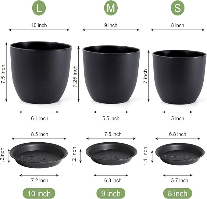 WOUSIWER Plant Pots 10/9/8 inch Set of 3 Modern Decorative Plastic Planters with Drainage Holes and Saucers for House Plants Indoor Flowers Plants Black