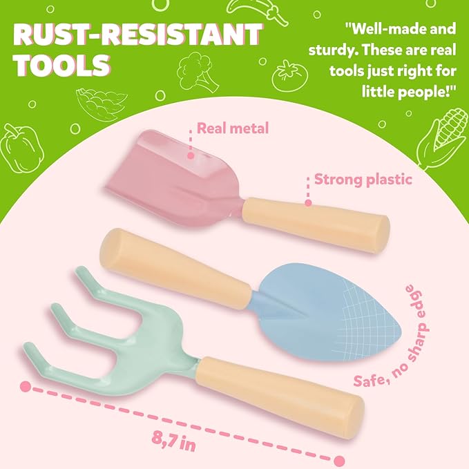 Floral Garden Kit Tools - Includes Sturdy Tote Bag Watering Can Gloves Shovels Rake and Delightful Children's Book - Kids Garden Tool Set -Easter Gifts for Toddler Age on up