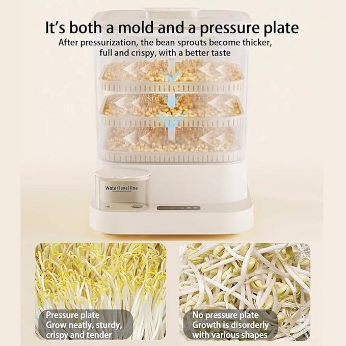 Automatic Bean Sprouts Machine 3 Layer Large Capacity Seed Sprouter Kit with LED Display 360° Automatic Spray 1.5L Water Tank Bean-Sprouts Maker for H