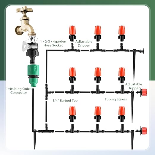 VIHOSE 328 FT Drip Irrigation System Kit 1/4 Blank Distribution Tubing Automatic Garden Watering Sprinkler System Sprinkler Kit for Garden Raised Bed Greenhouse Yard Lawn Plant Misting System