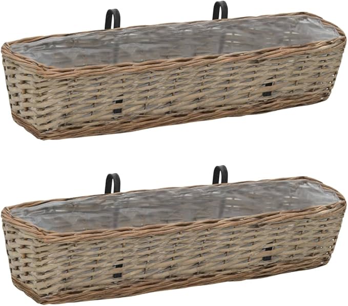 Brown Wicker Planter Set of 2-31.5 in Long Rectangular Planters for Fence Garden Wall and Patio Use - Rustic Synthetic Wicker - Galvanized Welded Mesh