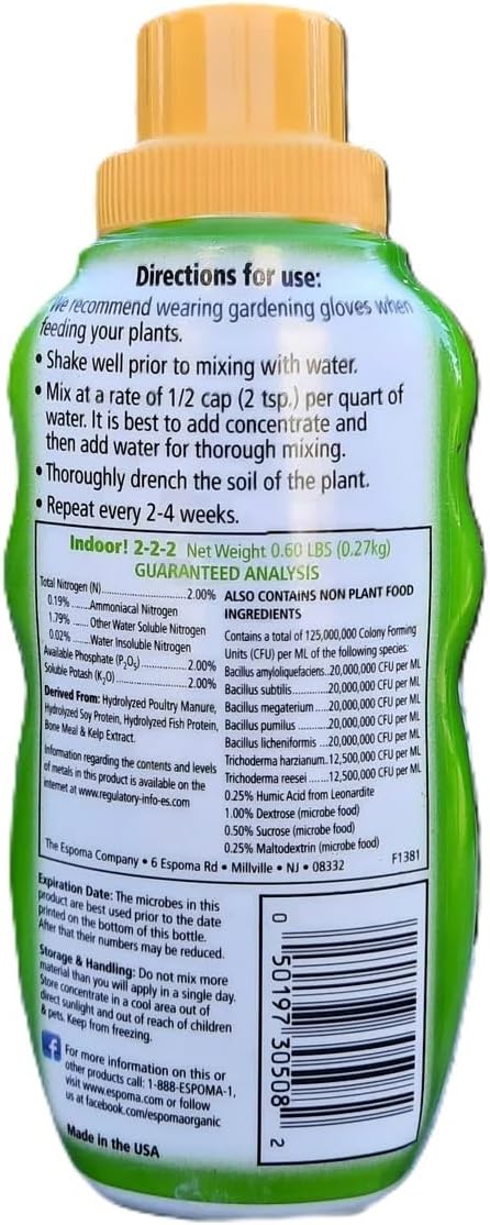 Espoma Organic 8 Ounce Concentrated Indoor Plant Food - Indoor Plant Fertilizer for Large &amp Small Plants Like Pothos Fiddle Leaf Fig Monstera Snake &amp Palms - Pack of 4