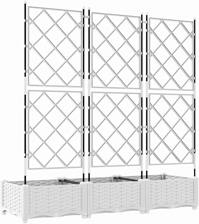 White PP Garden Planter with Trellis 3 Pcs Set 120 x 40 x 125.5 cm UV Resistant Raised Garden Bed for Outdoor Plants Gardening