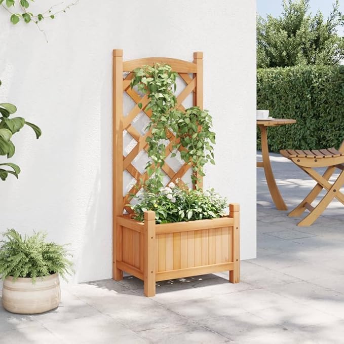 Planter with Trellis Brown Solid Wood Fir Raised Garden Bed Elevated Outdoor Planter Box for Climbing Plants Garden Patio Vegetable and Flower Beds