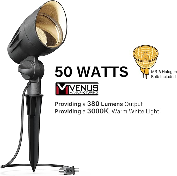 VENUS MANUFACTURING 16 Pack Low Voltage Landscape Flood Light 50W Halogen Outdoor Landscape Lighting Kits 380 Lumen Black Waterproof Spotlights 12V 3000K Warm White Metal Tree Lights for Garden &amp
