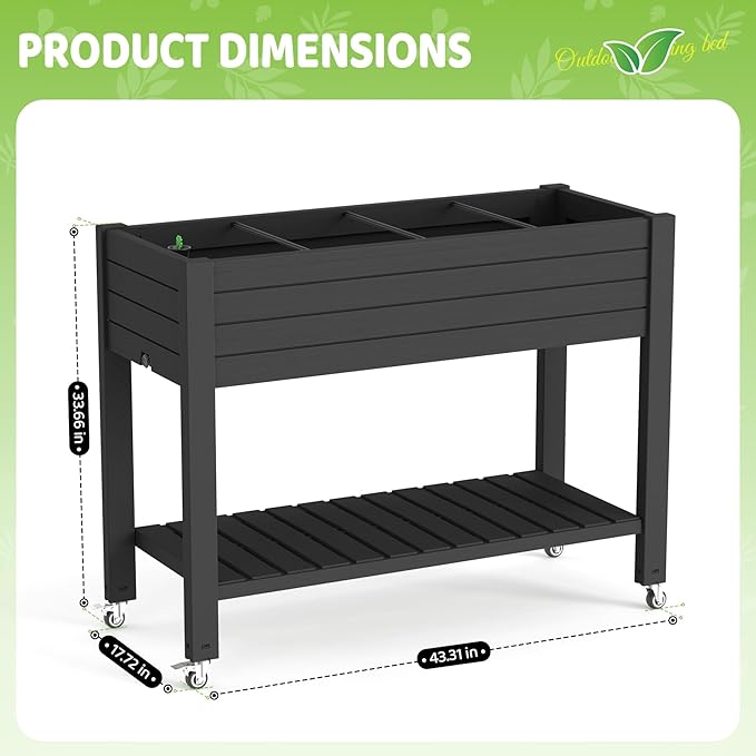Vixzen Raised Garden Bed OutdoorReinforced Large Planter Box with Wheels &amp Storage ShelfMobile Planter Bed Box for Backyard Patio Balcony (Black 21Gal（43.31×17.72×33.66）)