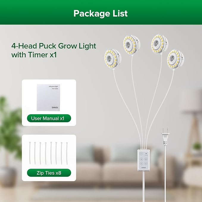 SANSI 20W(5W*4) Puck Grow Lights for Indoor Plants Full Spectrum 4 Head Plant Lights for Indoor Growing LED Plant Lamp for Growth with Timer Auto On Off 4 8 12 Hrs GreenhouseNo Dimmable