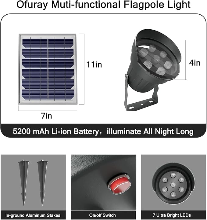 Ofuray Solar Flag Pole Light 3In1 Design Brightest Flag Pole Light Solar Powered 2 Brightness American Flag Coverage Led Solar Lights Outdoor Dusk to Dawn fit 1-4 Flagpole for House Inground