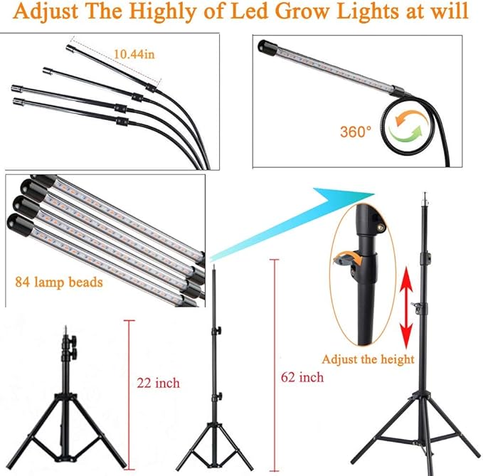 Grow Lights for Indoor Plants 4 Head LED Grow Light with Stand 84 Lamp Beads Full Spectrum Floor Plant Growing Lamps for Succulent and Seedling with Adjustable Tripod Auto Cycle Timer