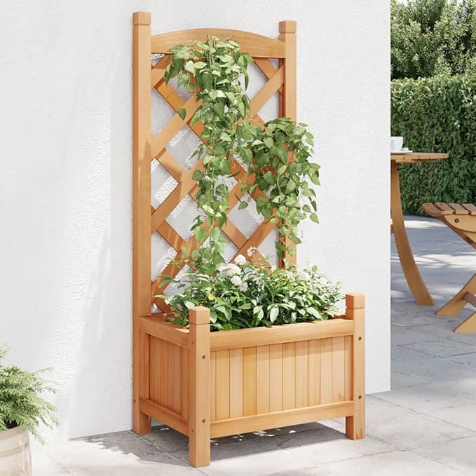 Solid Wood Fir Planter with Trellis Brown Raised Garden Bed for Climbing Plants Outdoor Patio and Terrace 15.7x11.8x35.4 Inches Durable and Elegant