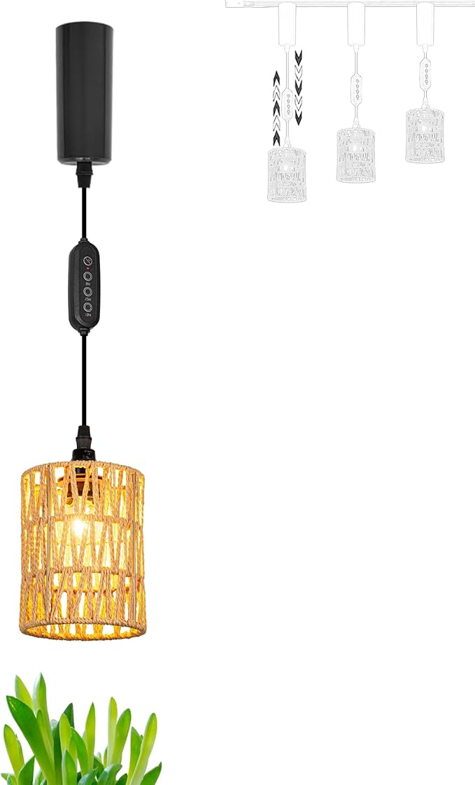 AUTO Plant Growing Lamp H-Type Track Pendants with Timer Restaurant Adjustable Height Bohemian Hollow-Carved Designed Rattan Shade for Indoor Planting Halo Track System Basil Green House