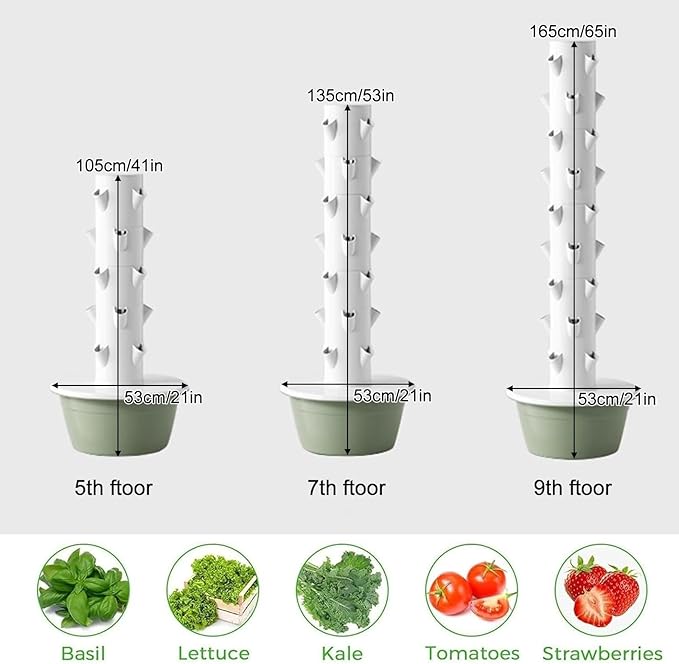 Tower Garden Growing System 20/28/36 Plants Vertical Farming Tower with Hydrating Pump Adapter for Growing Herbs Fruits and Vegetables Hydroponics Tower Growing System Kit(135cm/53in)