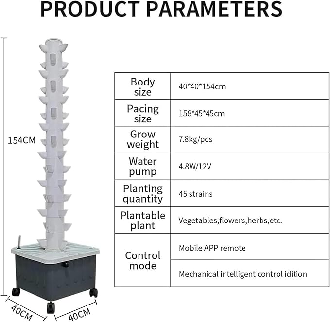 45Holes Hydroponic Tower Growing Sytem Indoor Vertical Grow Tower Self-Watering Growing System with Hydrating Pump Soilless Cultivation Grow Tower Aeroponics Gr