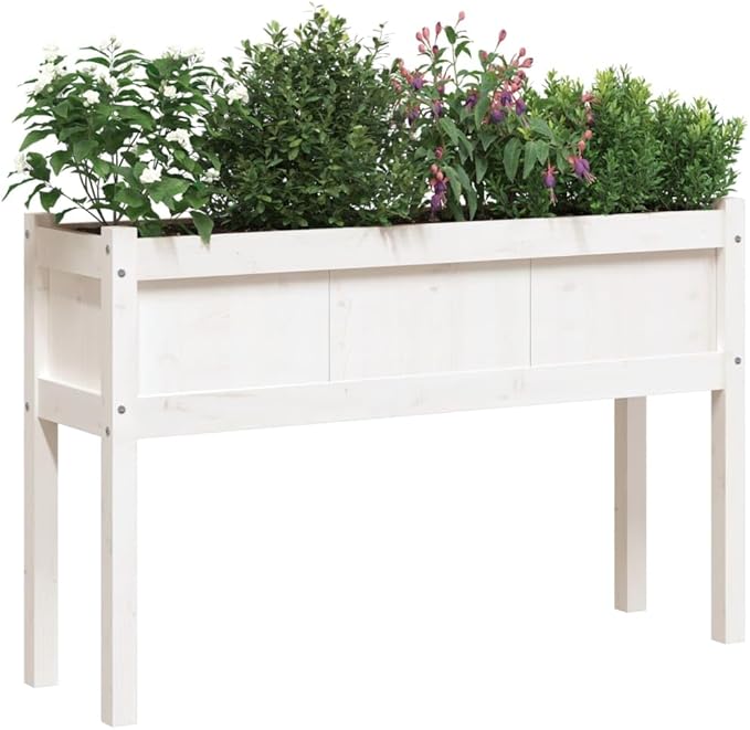 White Solid Pine Wood Garden Planter 43.3 inch Square Raised Garden Bed Outdoor Planter Box for Flowers Herbs Vegetables Durable Finish