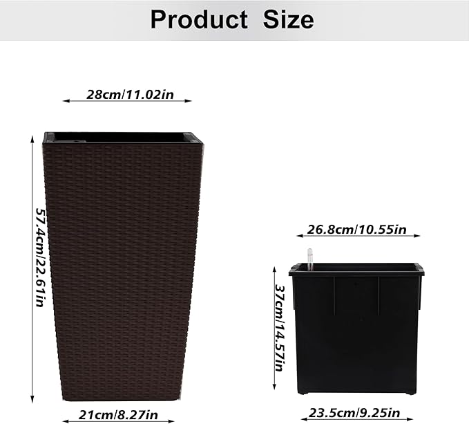 IndoorOutdoor Faux Rattan Square Planter 22.6 inch Brown Plastic Large Planter with Automatic Watering System for Home and G(Brown 22.6 inch 2 Pack)