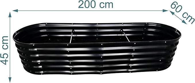Relaxdays Raised Bed Galvanised Metal for Flowers Plants &amp Vegetables H x D x D: 45 x 200 x 60 cm Oval Plant Bed Black