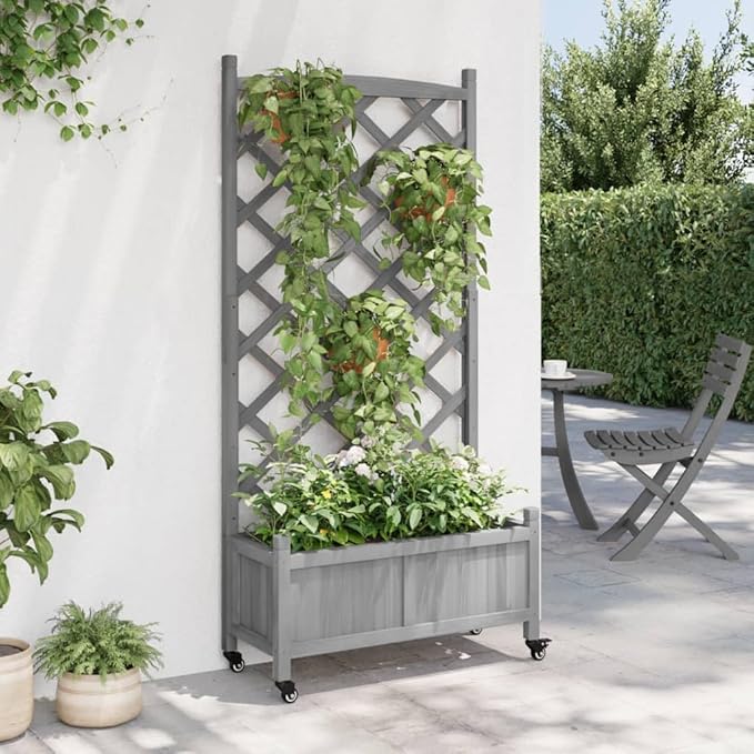 Rustic Grey Raised Garden Planter Box on Wheels 62 Tall Wooden Elevated Planter with Trellis for Patio Balcony Outdoor Herb Flower Bed