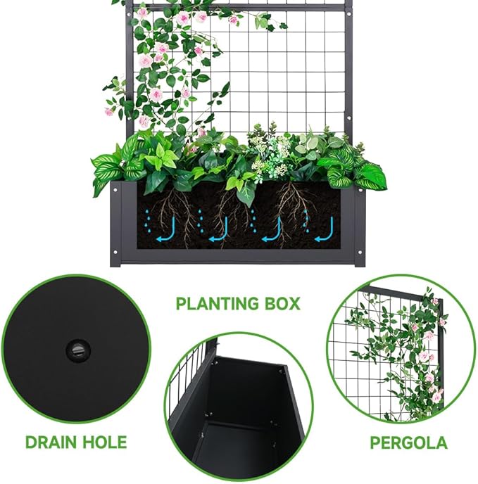Metal Planter with Trellis Raised Garden Beds Outdoor (35.5 L*12 W*59 H) Inch Planter Box with Trellis&ampPrivacy Screen for Climbing Plants Vegetables Vines