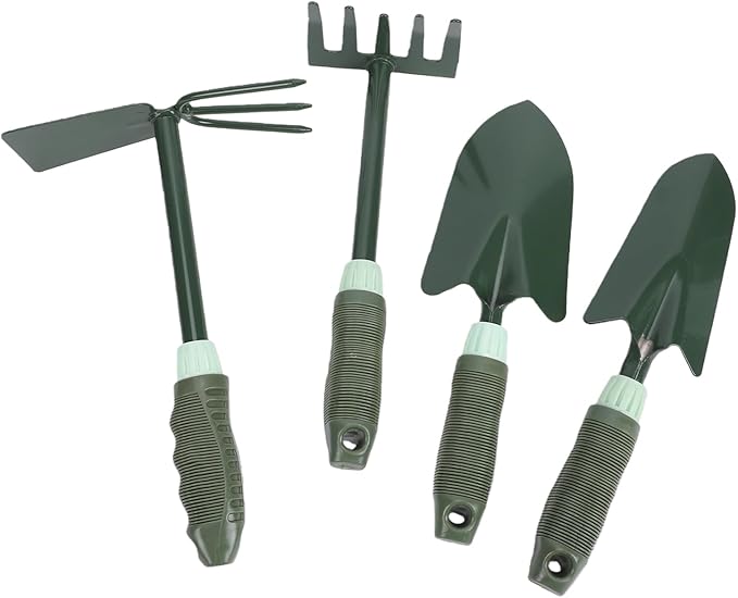 Fockety Garden Tool Set 4 Piece Heavy Duty Gardening Tools Includes Dual Purpose Hoe 5 Tine Rake Wide Narrow Shovel with Non Slip Grips for Digging Weeding Loosening Soil
