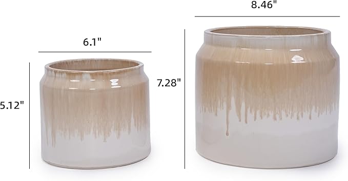 Handmade Non Porous Ceramic Planter Set of 2 6 8 Diameter Beige Drip Glaze for Aquatic Plants IndoorOutdoor Shelf Desk Use Breathable Clay