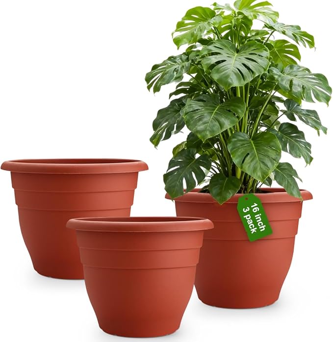 3 Pack Large 16 Inch Plastic Plant Pots for Outdoor PlantsDurable &amp Lightweight Flower Pots with Drainage HolesWeather-Resistant Large Planters for Patio Garden(Brick Red)