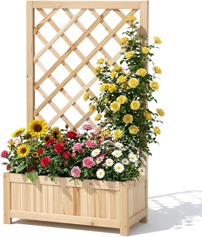 Wooden Raised Garden Bed with Trellis 40 Outdoor Planter Box for Climbing Plants Vertical Natural Wood Garden Planter for Vegetables Flowers &amp Vines Lattice Plant Support for Patio Yard Balco