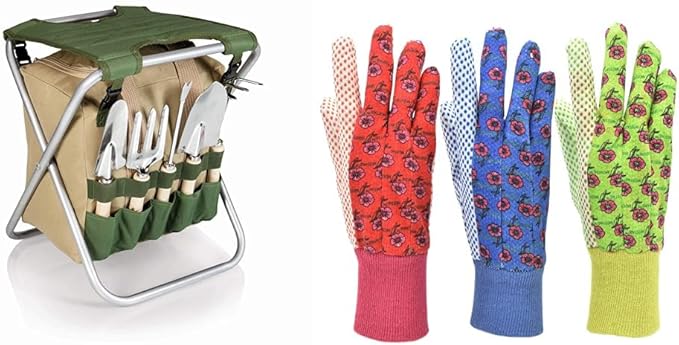 Gardener Folding Stool Tote &amp 5-Piece Garden Tool Set with 3-Pack Floral Print Jersey Gloves