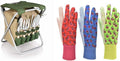 Gardener Folding Stool Tote &amp 5-Piece Garden Tool Set with 3-Pack Floral Print Jersey Gloves