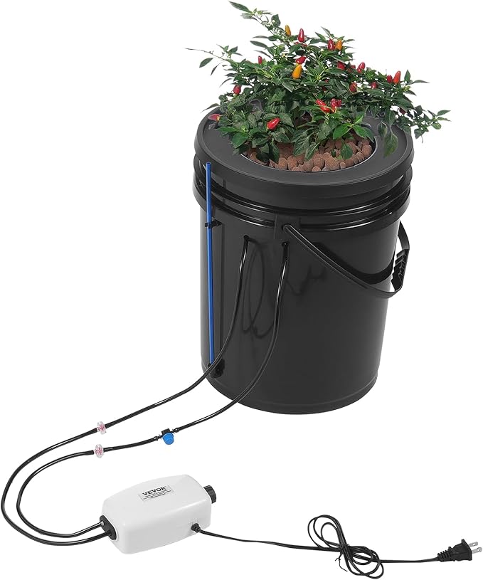 VEVOR DWC Hydroponics Grow System Hydroponic Growing System with Top Drip Kit 5-Gallon Deep Water Culture with Air Pump Air Stone and Water Level Device for Leafy Vegetables(1 Bucket+Top Drip Kit)