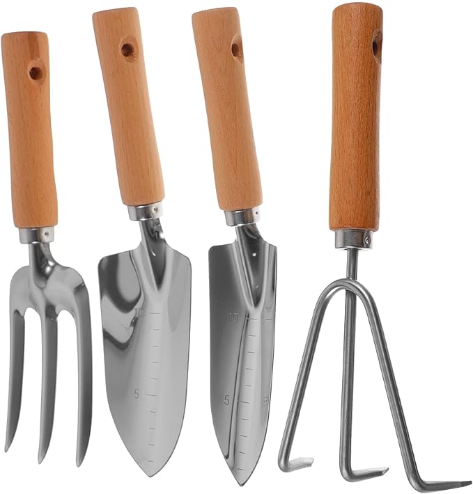 4pcs Wooden Handle Garden Tool Set – Hand Shovel Wide Trowel 3-Tooth Rake and Cultivator – Gardening Hand Tools for Vegetable Planting and Soil Cultivation