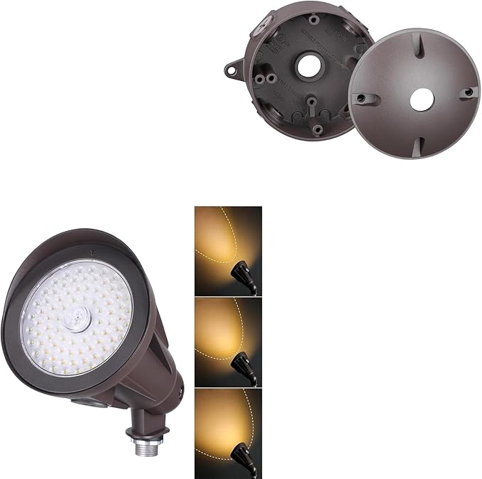 LEONLITE Adjustable LED Flood Light Bundle Round Outlet Box 1-Pack 25W Flood Lighting 3CCT Bronze &amp 1-Pack Six 1/2-In Knockouts Round Outdoor Electrical Box Brown