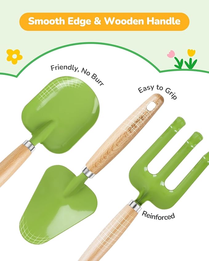 Kids Gardening Set Toys Quality Garden Tool Kit for Kids and Toddlers Includes Two Shovels Garden hatRake ApronGloves Watering Can and Tool Bag (Green)
