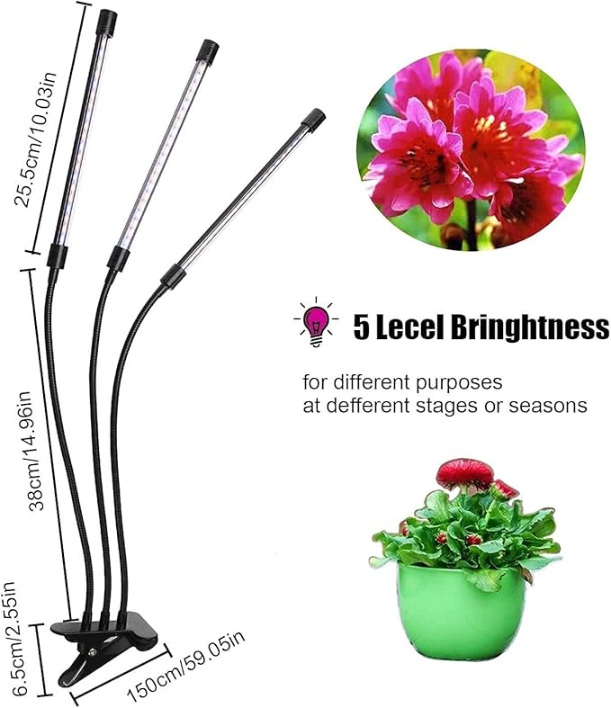 LED Plant Grow Light Growing Lamp Full Spec-Trum for Indoor Plants with Timer 3 Switch Modes 10 Brightness Set-tings Tri Head Growing Light for Seedlings