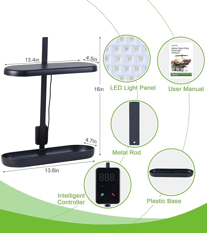 Grow Lights for Indoor Plants 20W Full Spectrum LED Grow Lamp for Indoor Garden with Intelligent Controller Height Adjustable Ideal for Home Desk Plant Lighting (Black ABS Base)