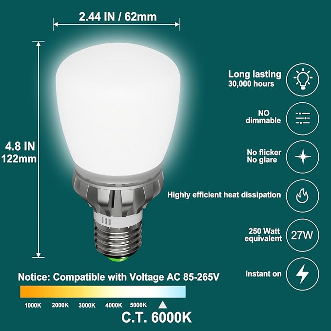 A19 LED Light bulbs 3670 Lumens E26 LED Bulb 250W Equivalent LED Light Bulb 6000K Cool Daylight White Light Bulb Non-Dimmable 22-Year Lifetime 27W Energy Saving Light Bulb for Home Office Garage