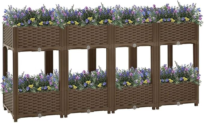 63x63x28 in Large Brown Rectangular Raised Garden Bed Planter Box for Outdoor Plants Durable Polypropylene Modern Patio Planter for Flowers Herbs Tomatoes Indoor &amp Outdoor Use