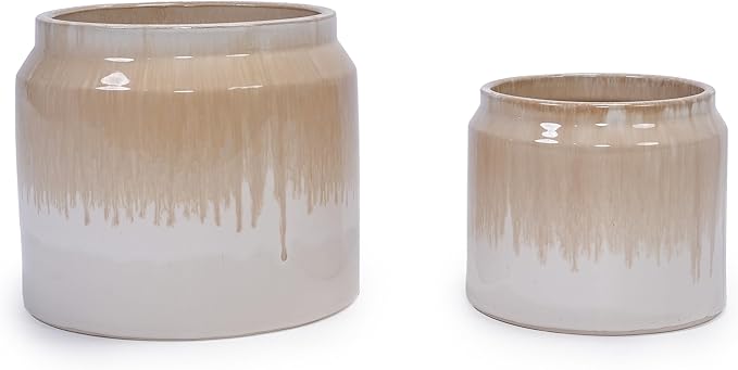 Handmade Non Porous Ceramic Planter Set of 2 6 8 Diameter Beige Drip Glaze for Aquatic Plants IndoorOutdoor Shelf Desk Use Breathable Clay