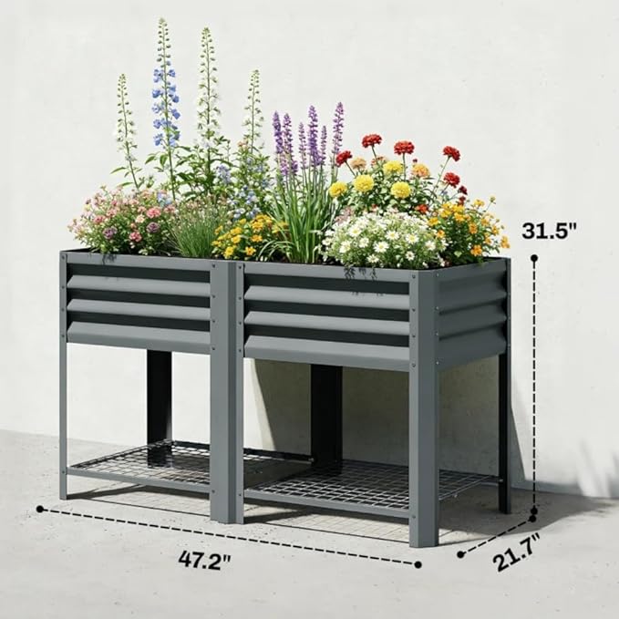 Raised Garden Bed39.6 Gal CapacityPowder-Coated Galvanized Steel Supporting Up to 396 lbsIncludes a Bottom Shelf6 Legsfor Backyard Patio Balcony