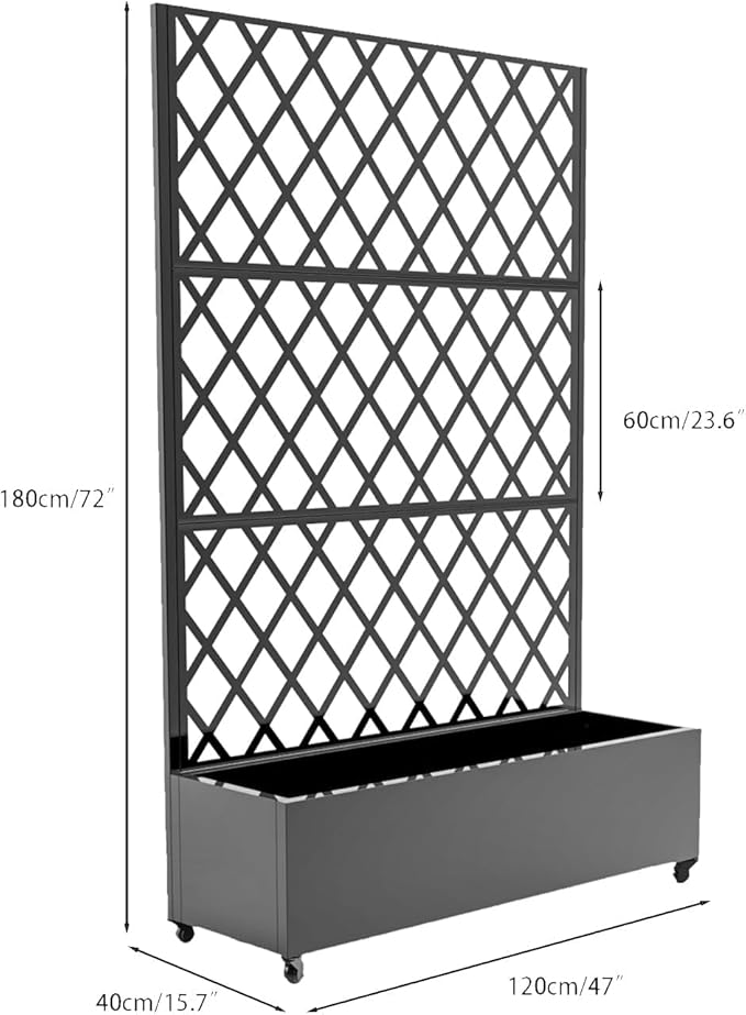 Metal Raised Planter Box with Diamond Lattice Trellis &amp Lockable Wheels 12'' Deep Galvanized Garden Bed with Privacy Screen &amp Drainage for Climbing Plants Flowers &amp Vines – Patio Balcon