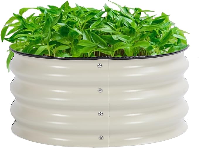 Jiawu 11' Tall Raised Garden Beds Outdoor for Gardening Round Raised Garden Bed Kit Metal Raised Bed Planter Box for Vegetable Flower Fruits 2.0 × 2.0 × 0.9 ft Open Bottom (Ivory